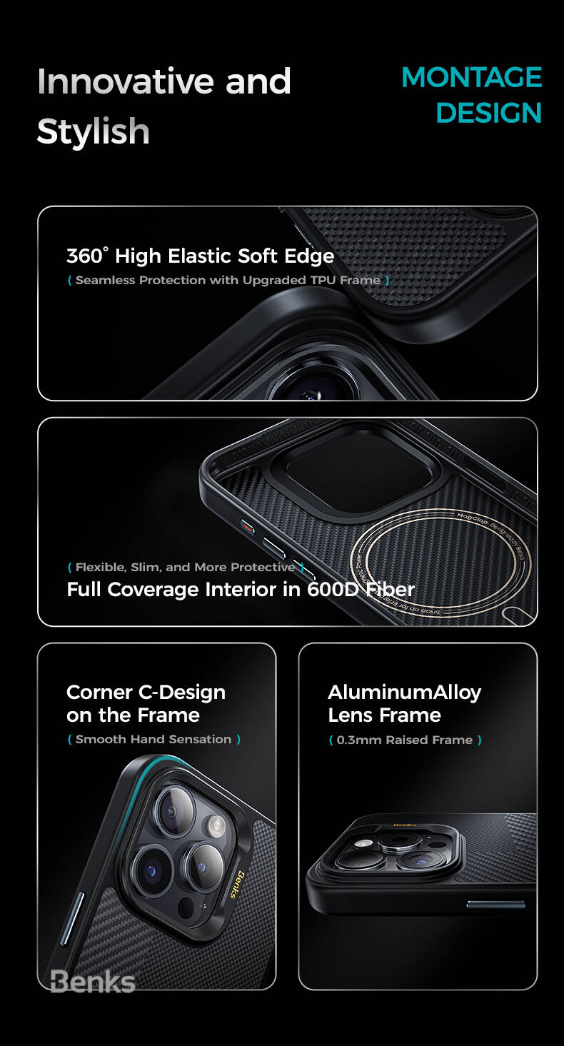 Apple iPhone 15 Pro Max Case M-safe Charging Feature Carbon Fiber Benks Montage Hybrid ArmorPro Kevlar Cover Black