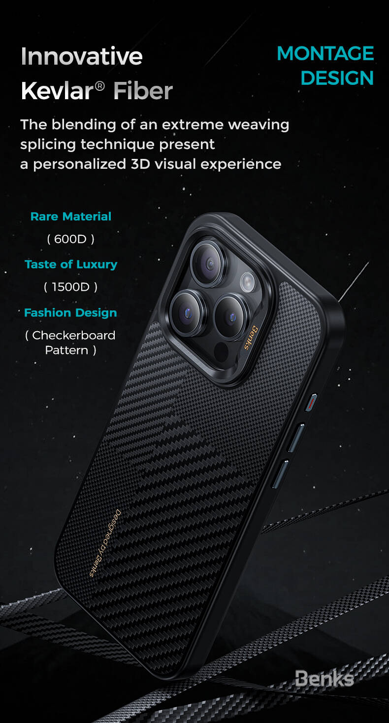 Apple iPhone 15 Pro Max Case M-safe Charging Feature Carbon Fiber Benks Montage Hybrid ArmorPro Kevlar Cover Black