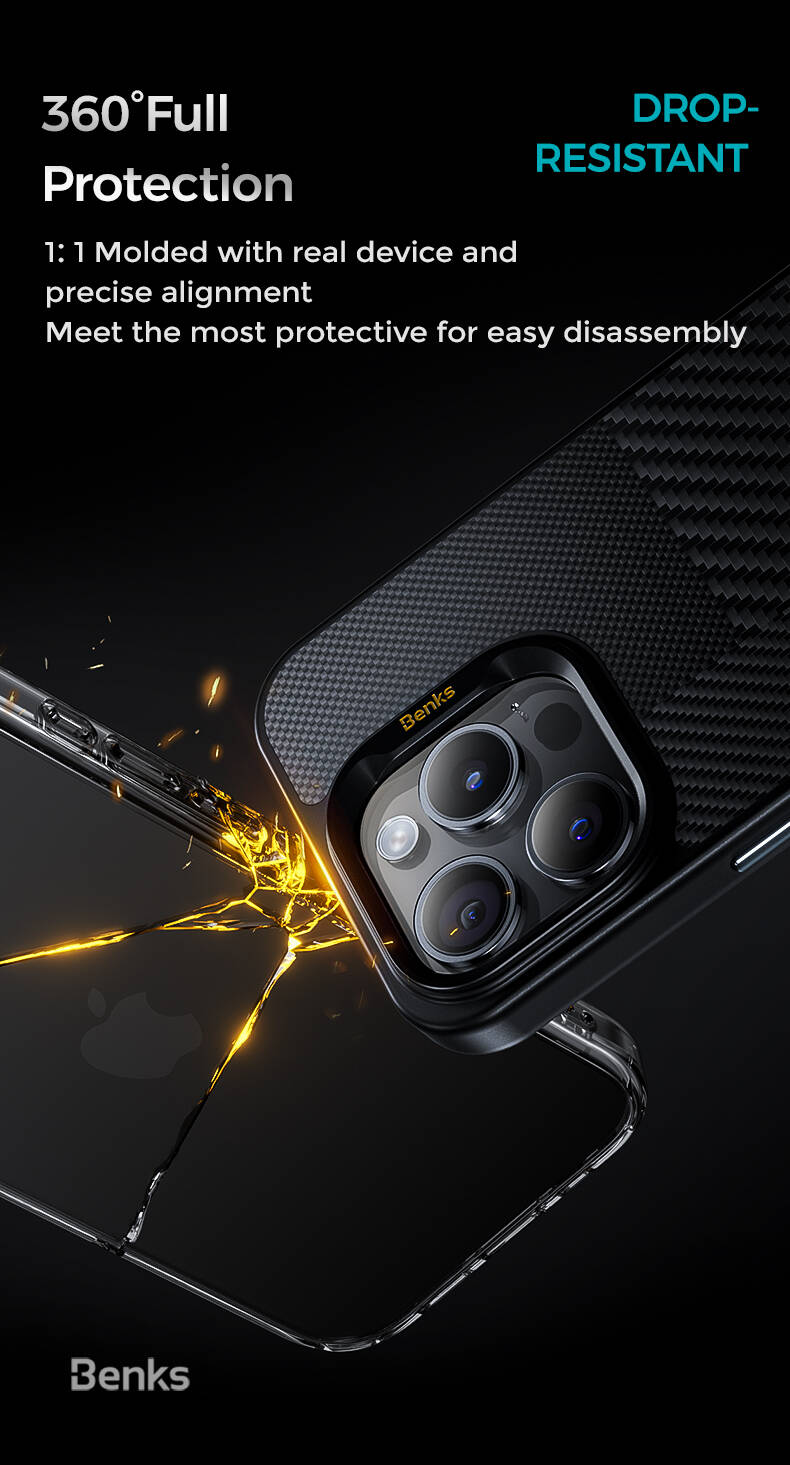 Apple iPhone 15 Pro Max Case M-safe Charging Feature Carbon Fiber Benks Montage Hybrid ArmorPro Kevlar Cover Black