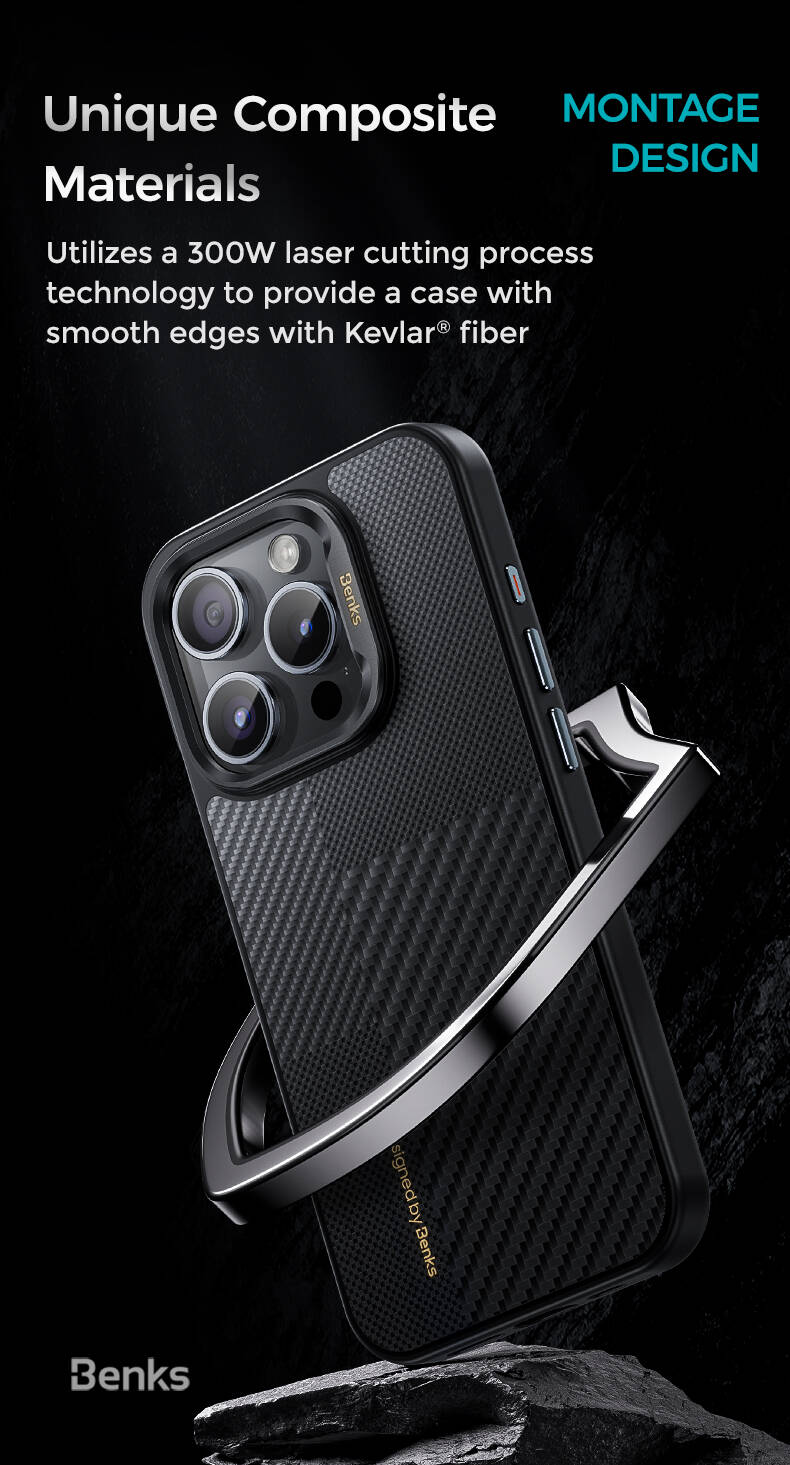 Apple iPhone 15 Pro Max Case M-safe Charging Feature Carbon Fiber Benks Montage Hybrid ArmorPro Kevlar Cover Black