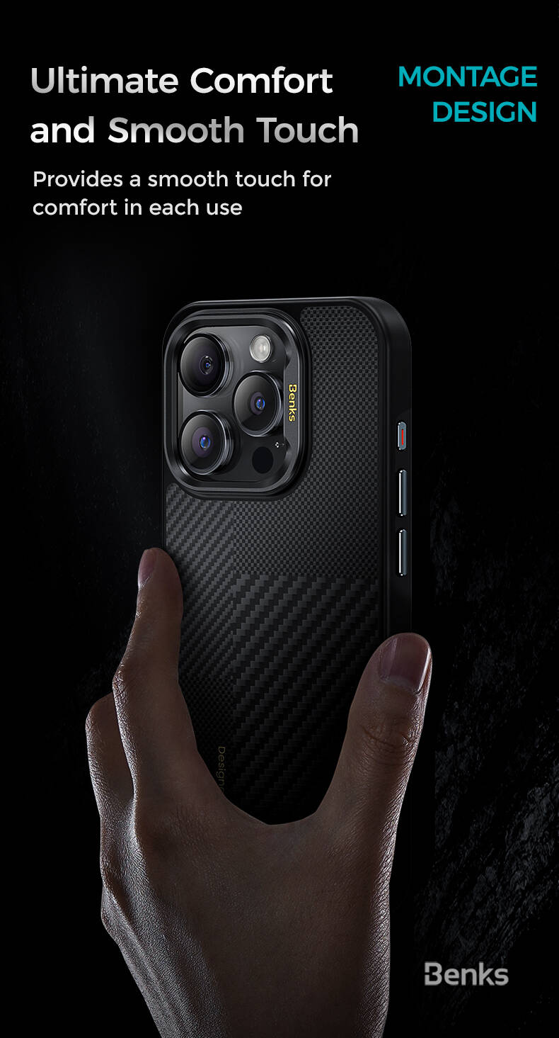 Apple iPhone 15 Pro Max Case M-safe Charging Feature Carbon Fiber Benks Montage Hybrid ArmorPro Kevlar Cover Black