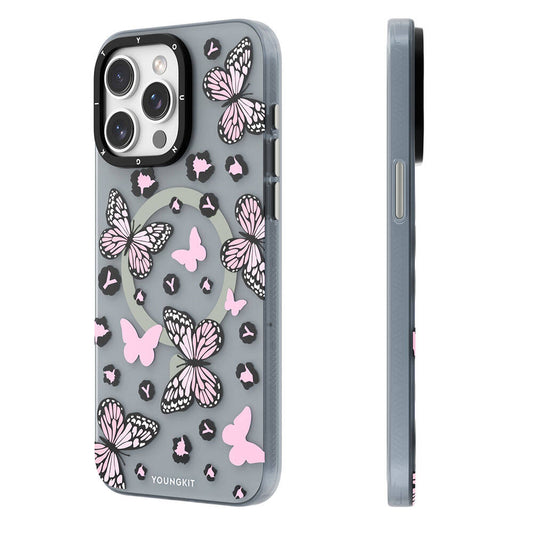 Apple iPhone 15 Pro Max Kılıf M-safe Şarj Özellikli Kelebek Desenli Youngkit Shadow Dance Serisi Kapak Pembe