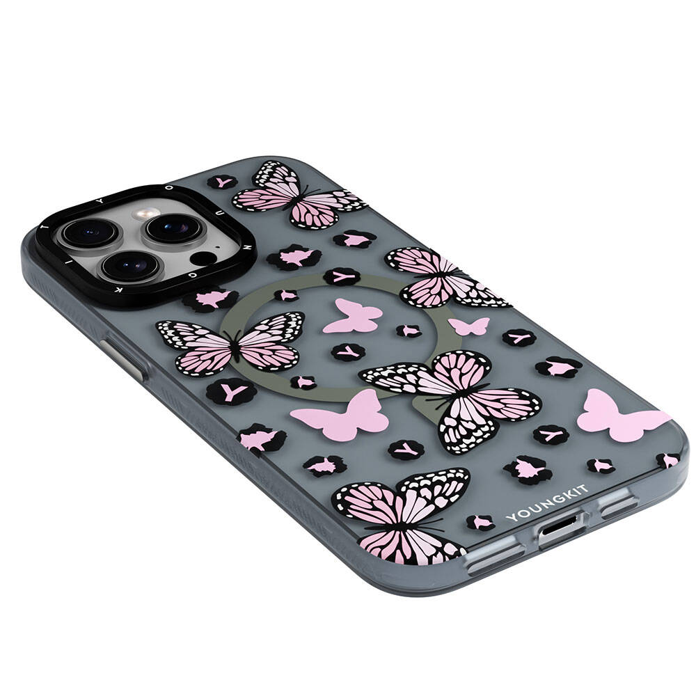 Apple iPhone 15 Pro Max Case M-safe Charging Feature Butterfly Pattern Youngkit Shadow Dance Series Cover Pink