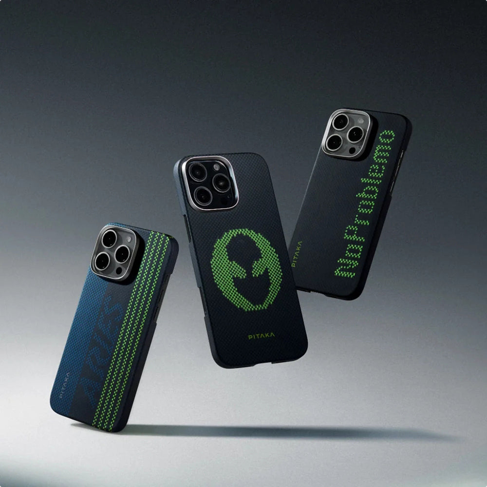 Apple iPhone 15 Pro Max Kılıf M-safe Şarj Özellikli Lumintex Teknolojili Fosforlu Aramid Fiber Pitaka Tactile Woven Aries Serisi Kapak Siyah-Mavi