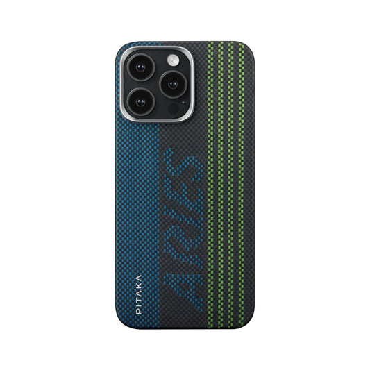 Apple iPhone 15 Pro Max Kılıf  M-safe Şarj Özellikli Lumintex Teknolojili Fosforlu Aramid Fiber Pitaka Tactile Woven Aries Serisi Kapak Siyah-Mavi