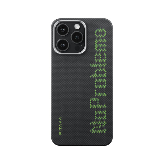 Apple iPhone 15 Pro Max Kılıf  M-safe Şarj Özellikli Lumintex Teknolojili Fosforlu Aramid Fiber Pitaka Tactile Woven Aries Serisi Kapak Siyah