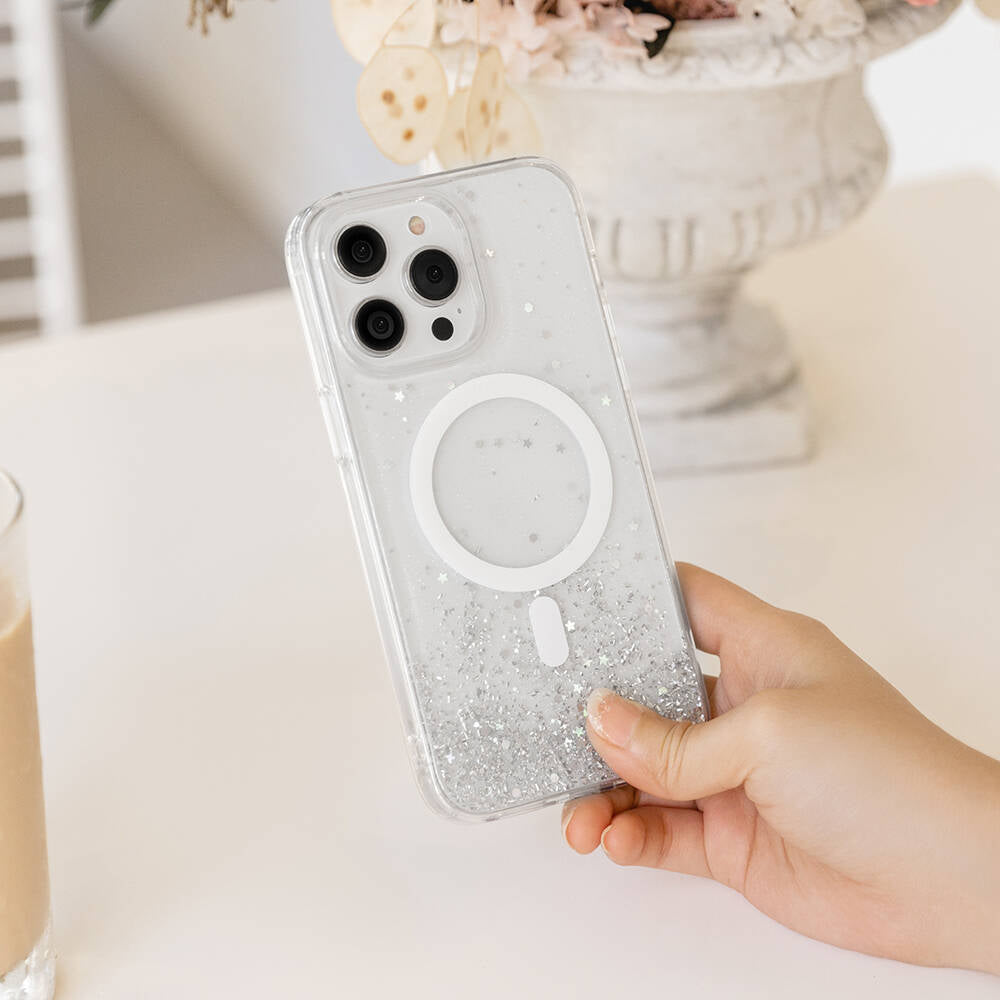 Apple iPhone 15 Pro Max Kılıf M-safe Şarj Özellikli Parlayan Simli Şeffaf Lisanslı Switcheasy Starfield-M Kapak Mor