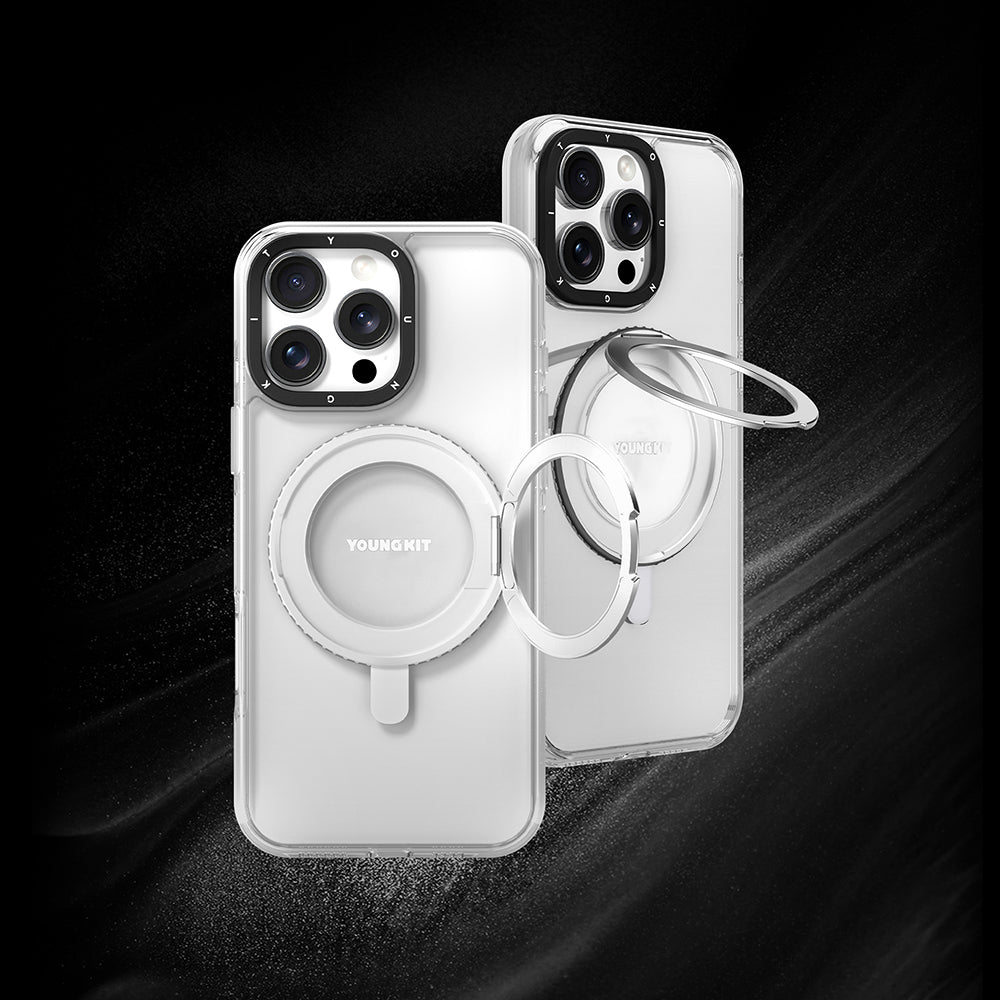 Apple iPhone 15 Pro Max Kılıf M-safe Şarj Özellikli Parmak Ring Standlı Youngkit Pivot Serisi Kapak Şeffaf