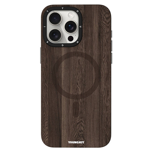Apple iPhone 15 Pro Max Kılıf M-safe Şarj Özellikli Sararmaya Dayanıklı Youngkit Wood Forest Serisi Kapak Kahverengi