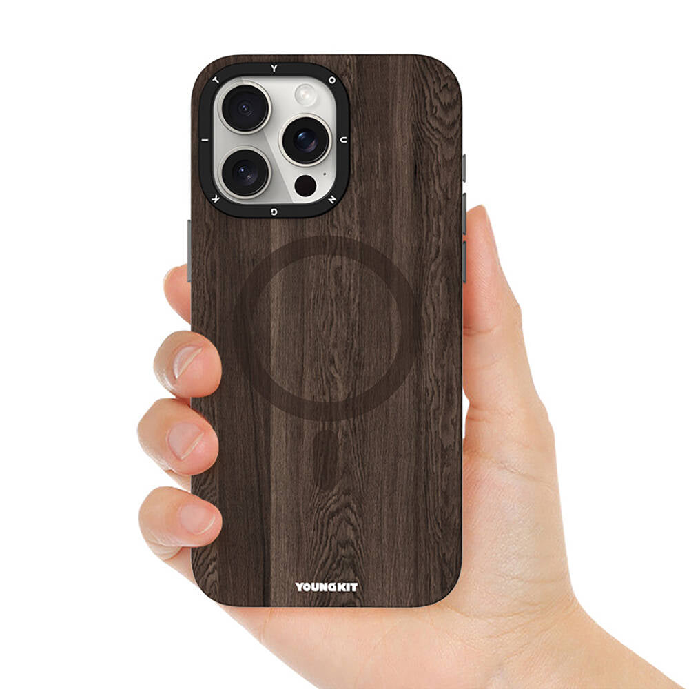 Apple iPhone 15 Pro Max Case M-safe Charging Feature Yellowing Resistant Youngkit Wood Forest Series Cover Brown