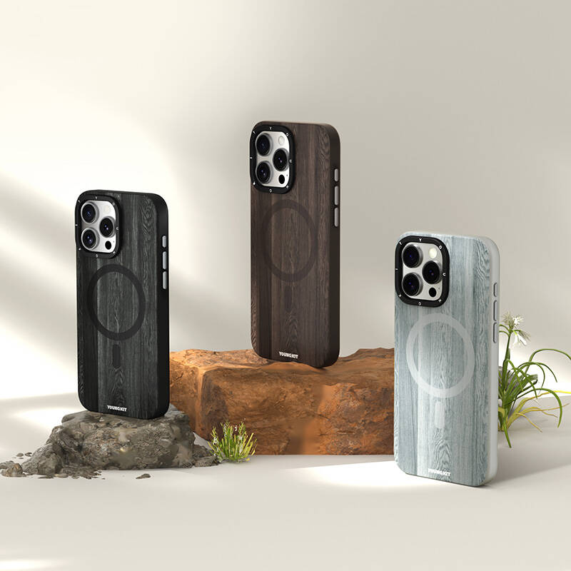 Apple iPhone 15 Pro Max Case M-safe Charging Feature Yellowing Resistant Youngkit Wood Forest Series Cover Brown