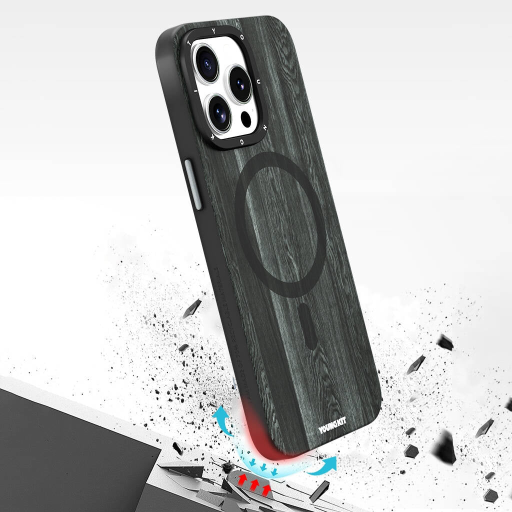 Apple iPhone 15 Pro Max Case M-safe Charging Feature Yellowing Resistant Youngkit Wood Forest Series Cover Black