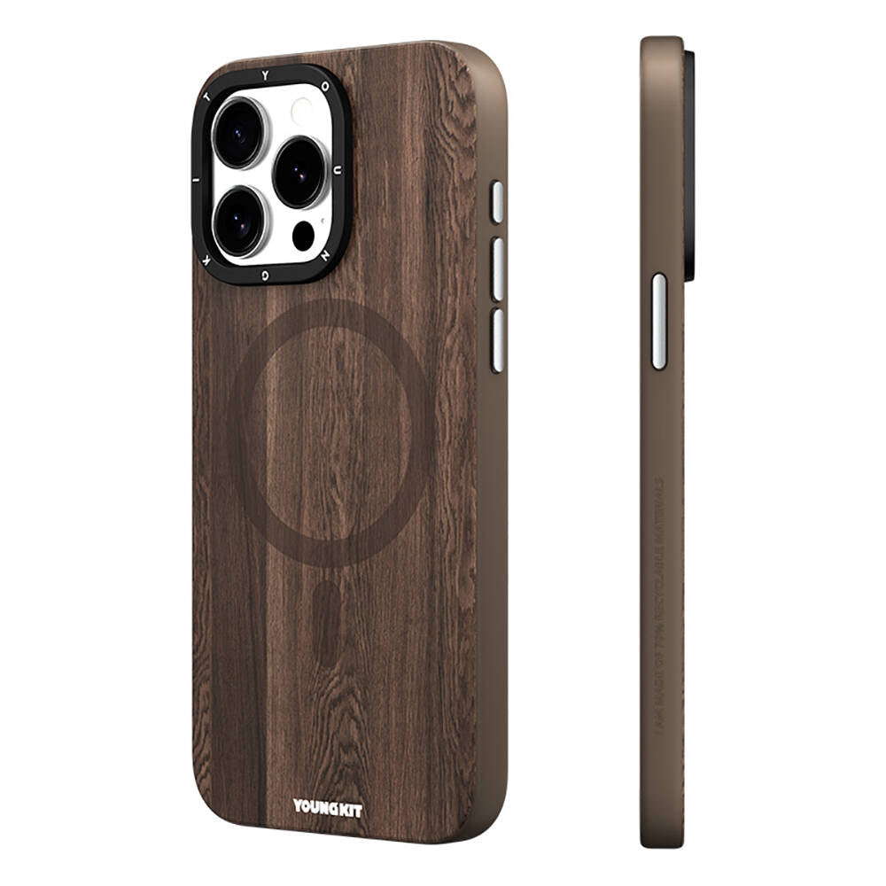 Apple iPhone 15 Pro Max Case M-safe Charging Feature Yellowing Resistant Youngkit Wood Forest Series Cover Brown