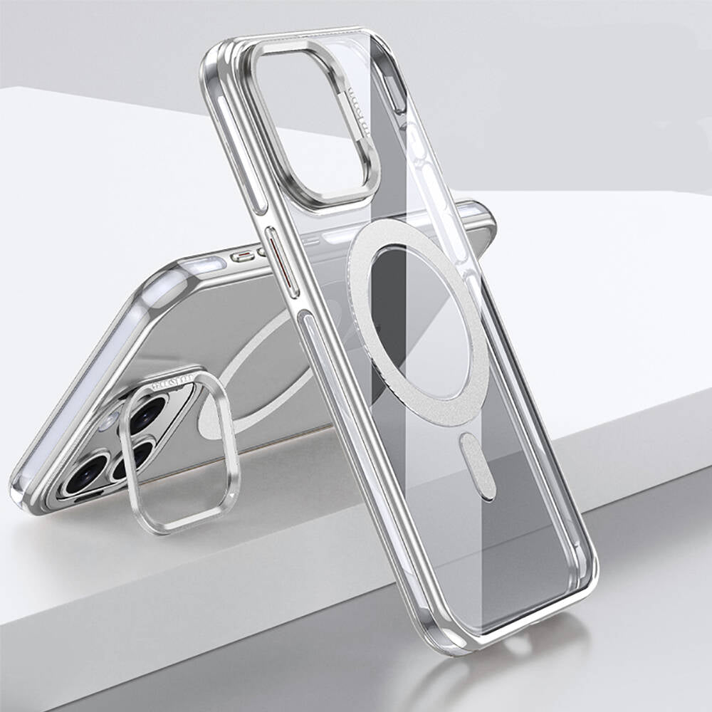 Apple iPhone 15 Pro Max Kılıf M-safe Şarj Özellikli Wlons Standlı Efsane Kapak Gümüş