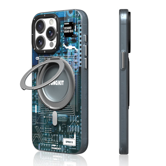 Apple iPhone 15 Pro Max Kılıf M-safe Şarj Özellikli Youngkit 360° Standlı Technology Serisi Kapak Mavi