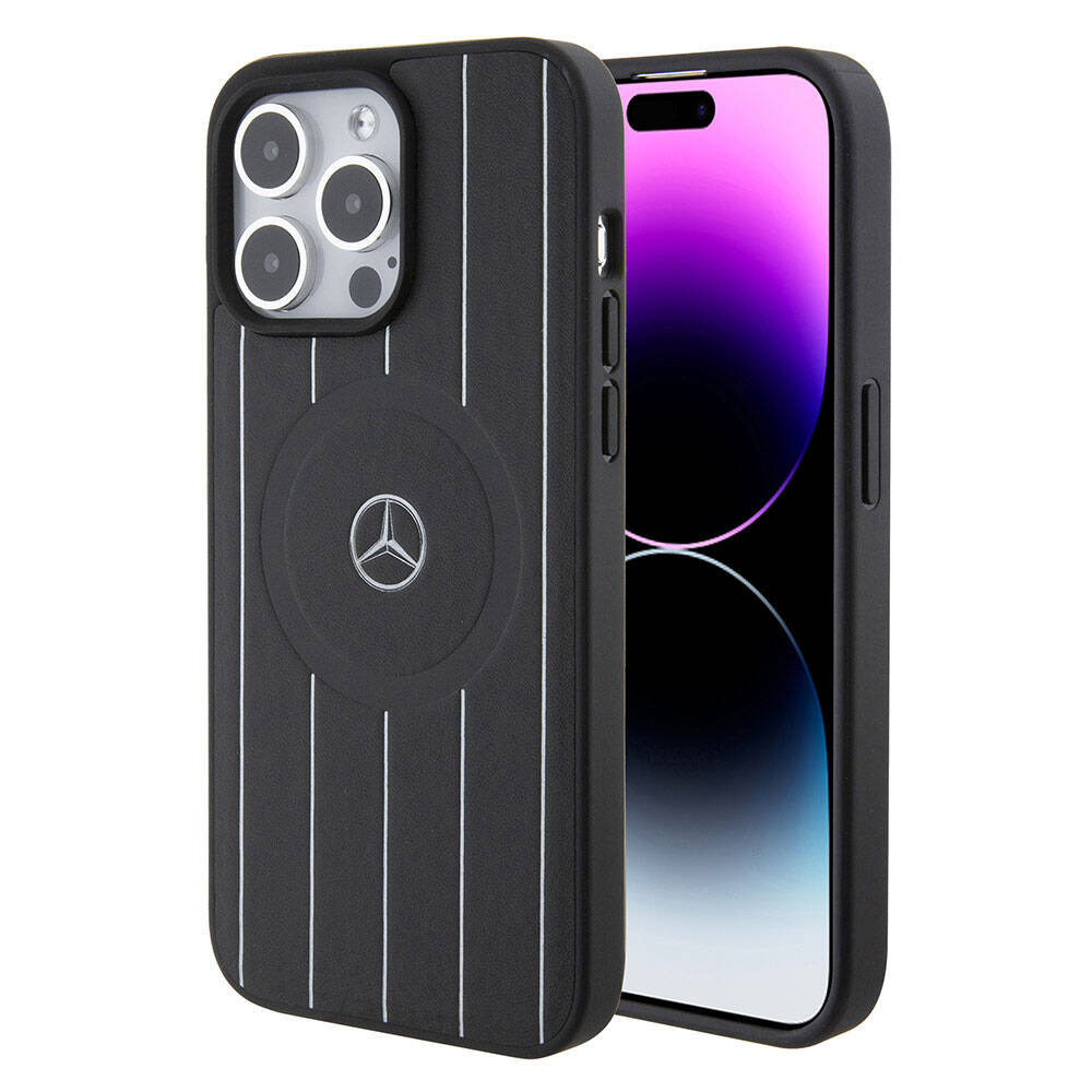 Apple iPhone 15 Pro Max Case Mercedes Benz Original Licensed M-Safe Charging Feature Printed Logo Parallel Stripe Patterned Leather Cover Black