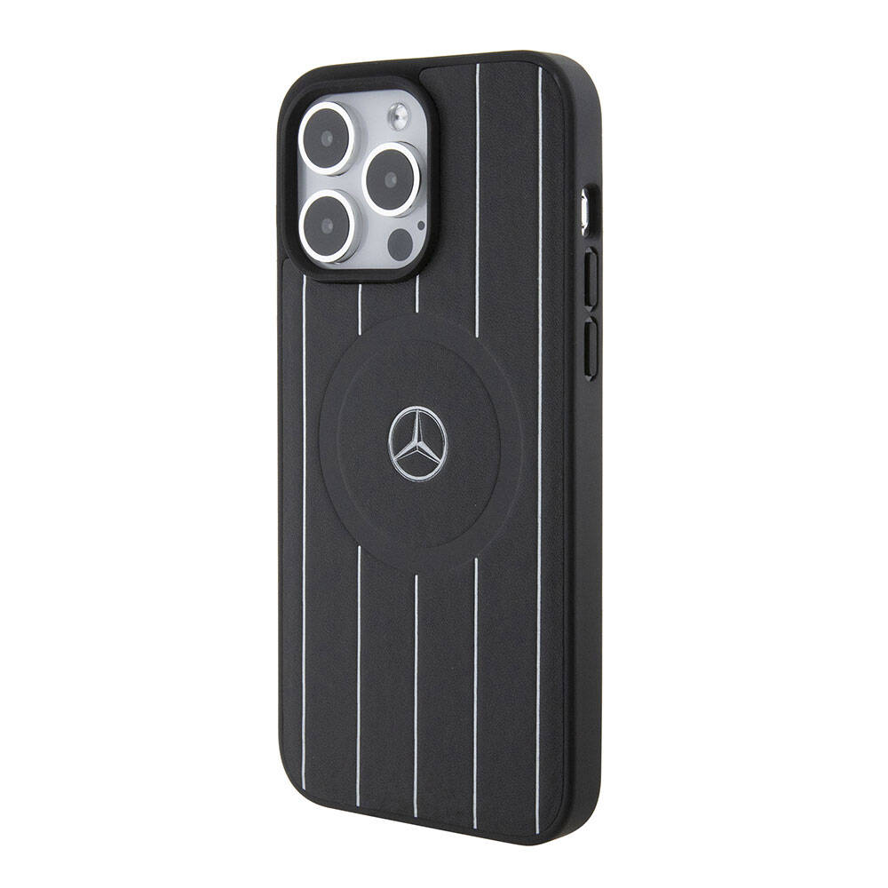 Apple iPhone 15 Pro Max Case Mercedes Benz Original Licensed M-Safe Charging Feature Printed Logo Parallel Stripe Patterned Leather Cover Black
