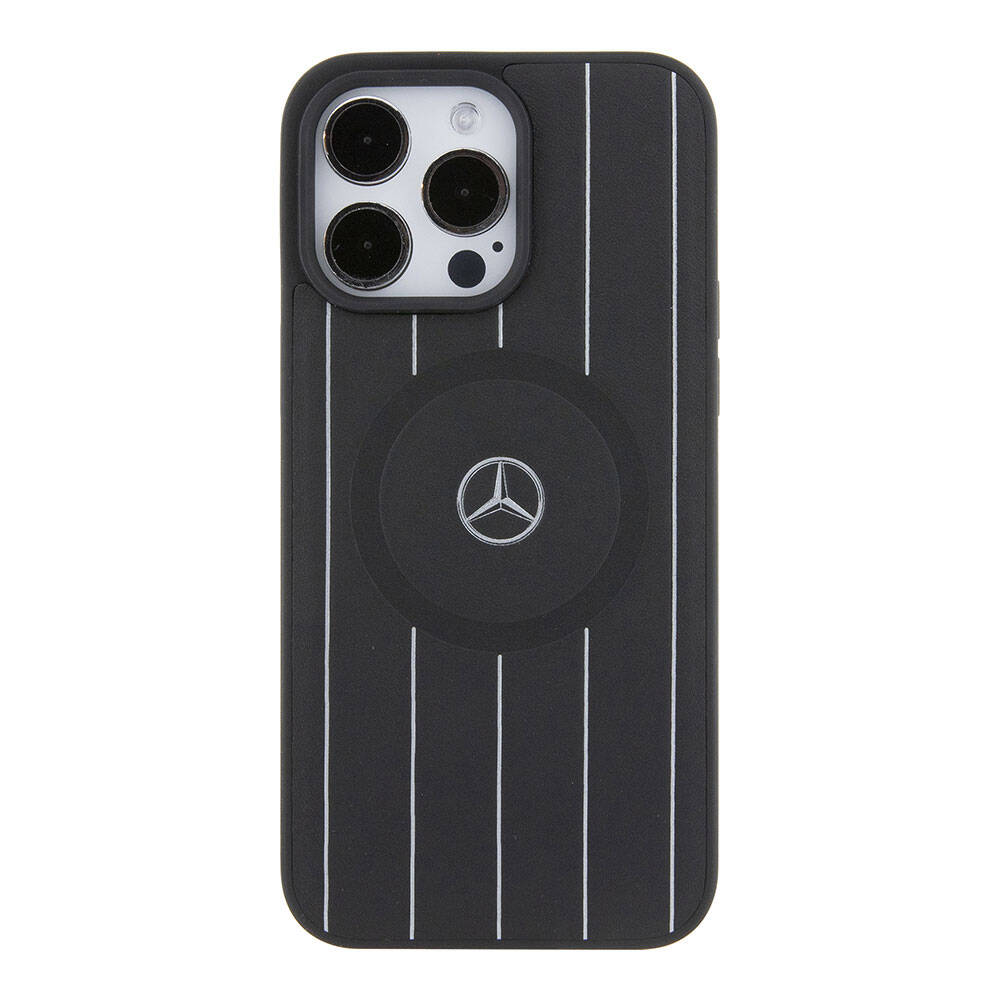 Apple iPhone 15 Pro Max Case Mercedes Benz Original Licensed M-Safe Charging Feature Printed Logo Parallel Stripe Patterned Leather Cover Black