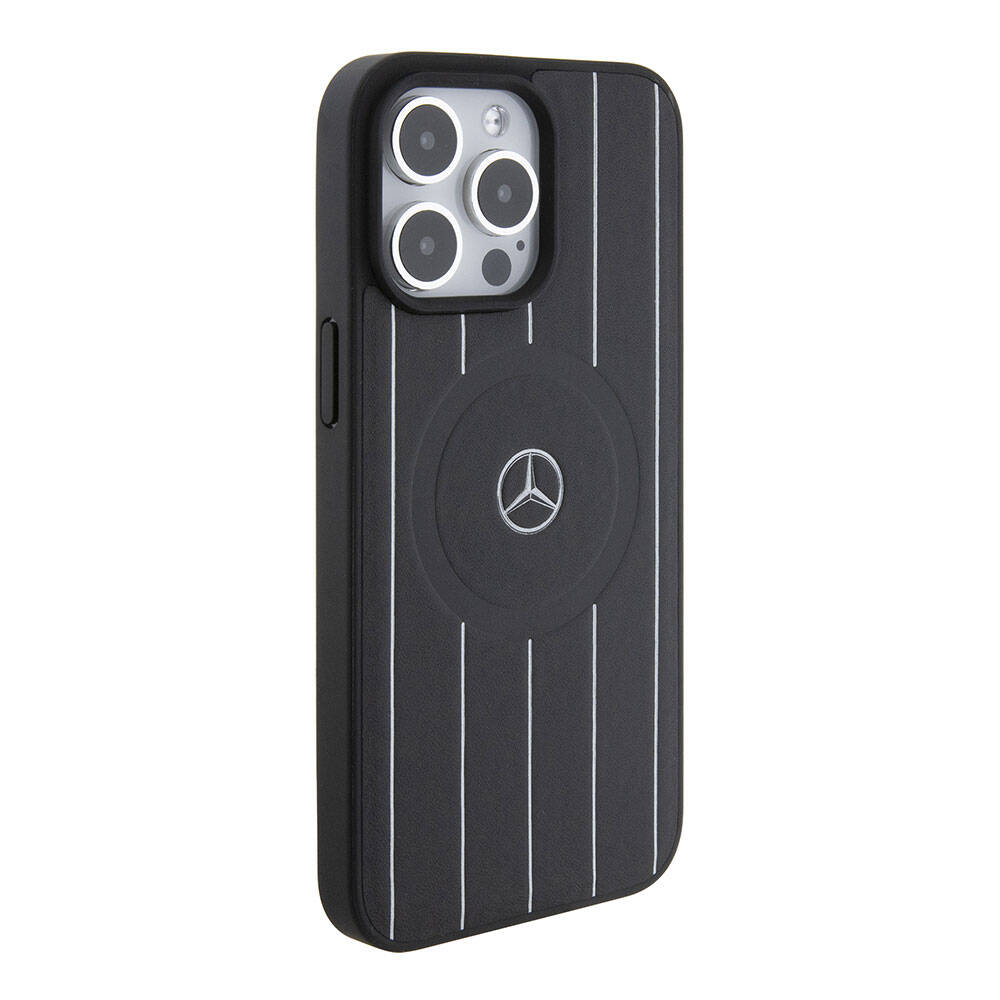 Apple iPhone 15 Pro Max Case Mercedes Benz Original Licensed M-Safe Charging Feature Printed Logo Parallel Stripe Patterned Leather Cover Black