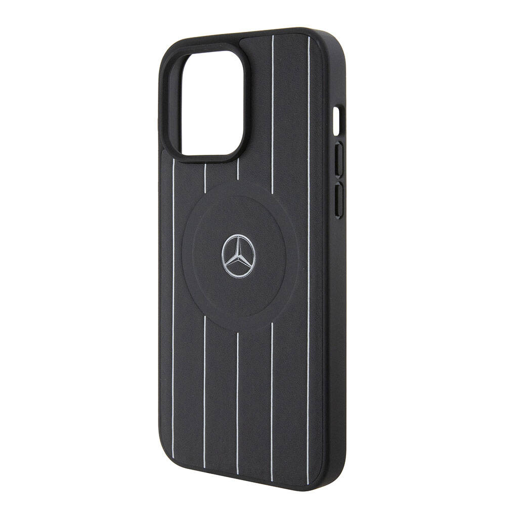 Apple iPhone 15 Pro Max Case Mercedes Benz Original Licensed M-Safe Charging Feature Printed Logo Parallel Stripe Patterned Leather Cover Black