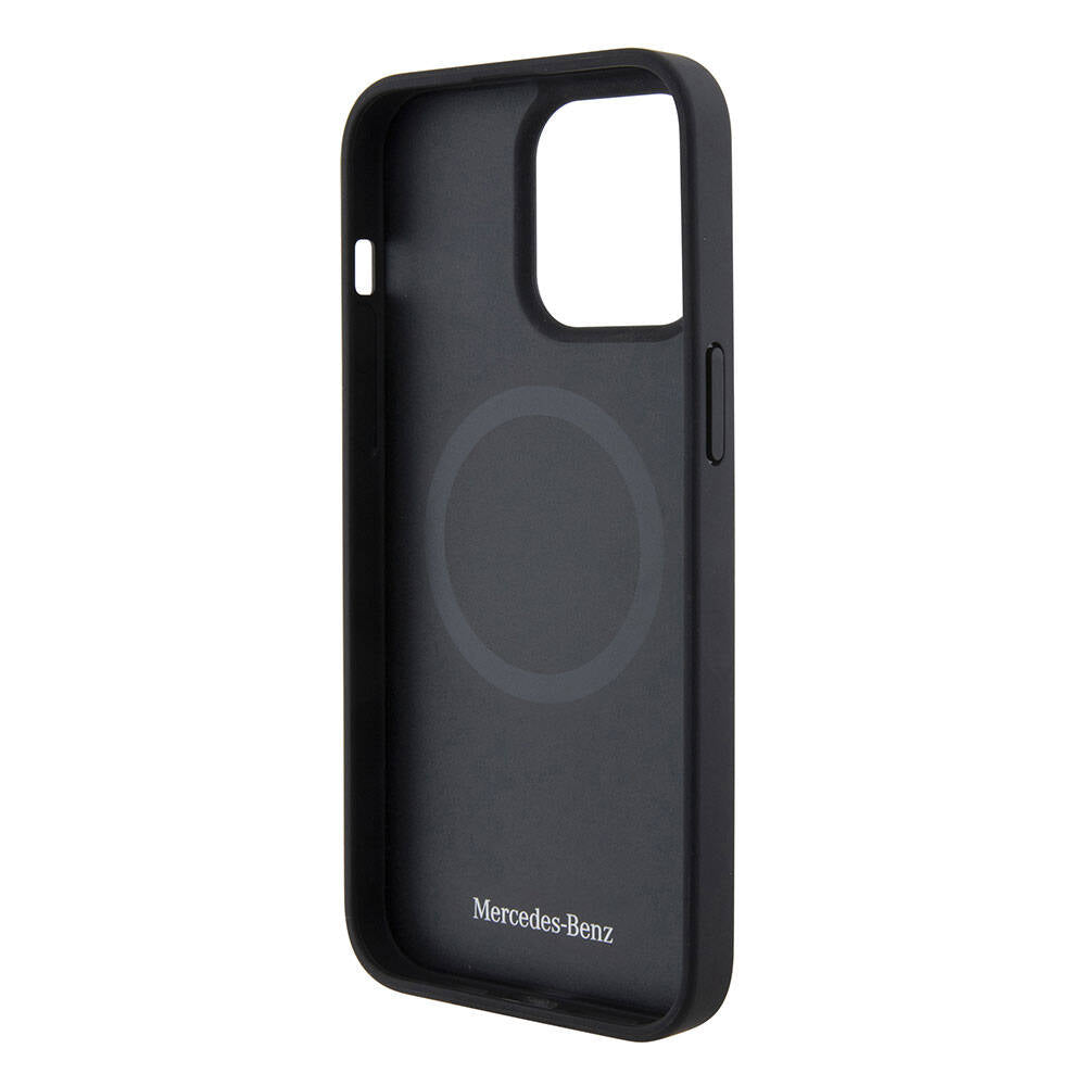 Apple iPhone 15 Pro Max Case Mercedes Benz Original Licensed M-Safe Charging Feature Printed Logo Parallel Stripe Patterned Leather Cover Black