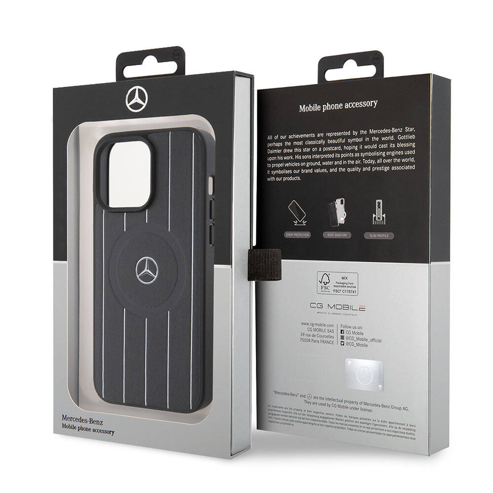 Apple iPhone 15 Pro Max Case Mercedes Benz Original Licensed M-Safe Charging Feature Printed Logo Parallel Stripe Patterned Leather Cover Black