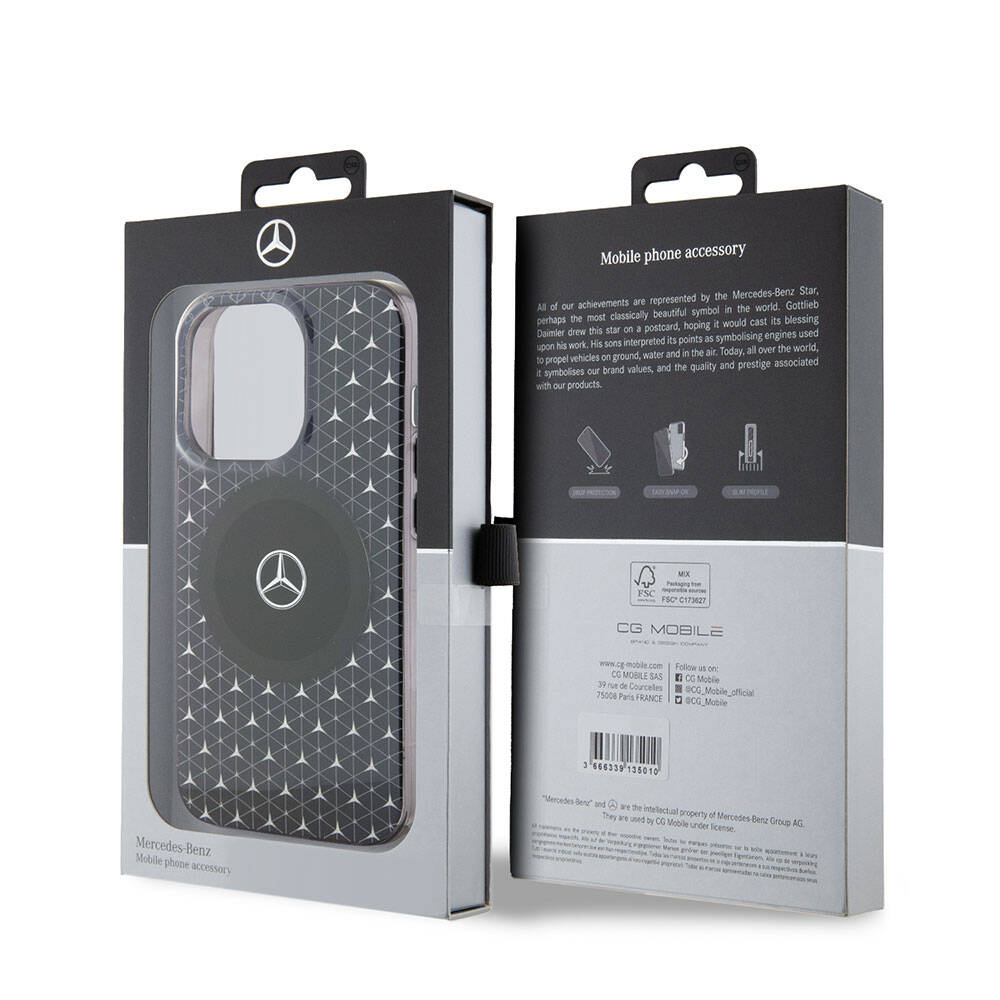 Apple iPhone 15 Pro Max Case Mercedes Benz Original Licensed M-Safe Charging Feature Dual Layer Mini Star Patterned Cover Black