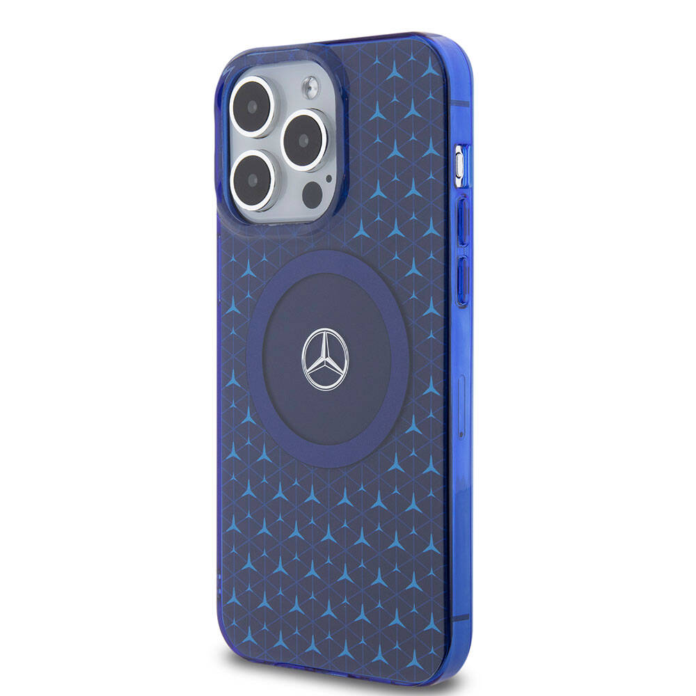 Apple iPhone 15 Pro Max Case Mercedes Benz Original Licensed M-Safe Charging Feature Dual Layer Mini Star Patterned Cover Blue
