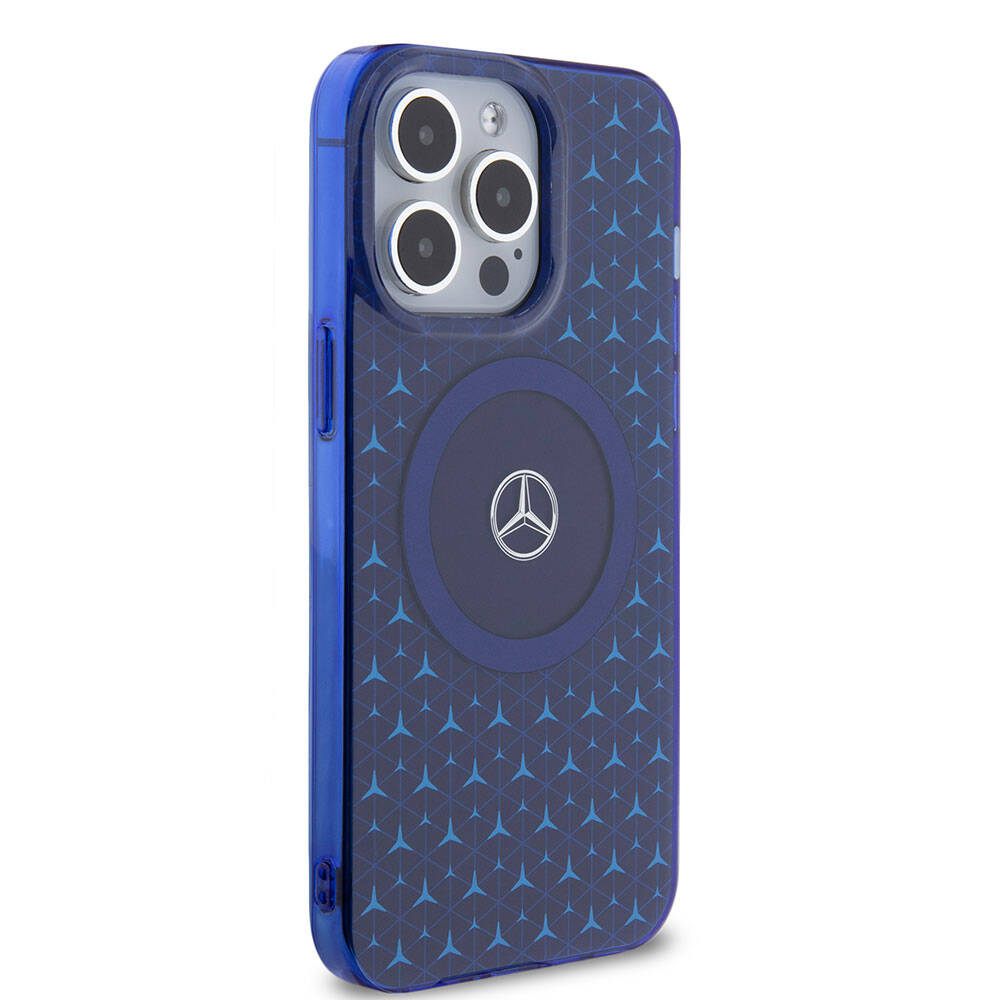 Apple iPhone 15 Pro Max Case Mercedes Benz Original Licensed M-Safe Charging Feature Dual Layer Mini Star Patterned Cover Blue