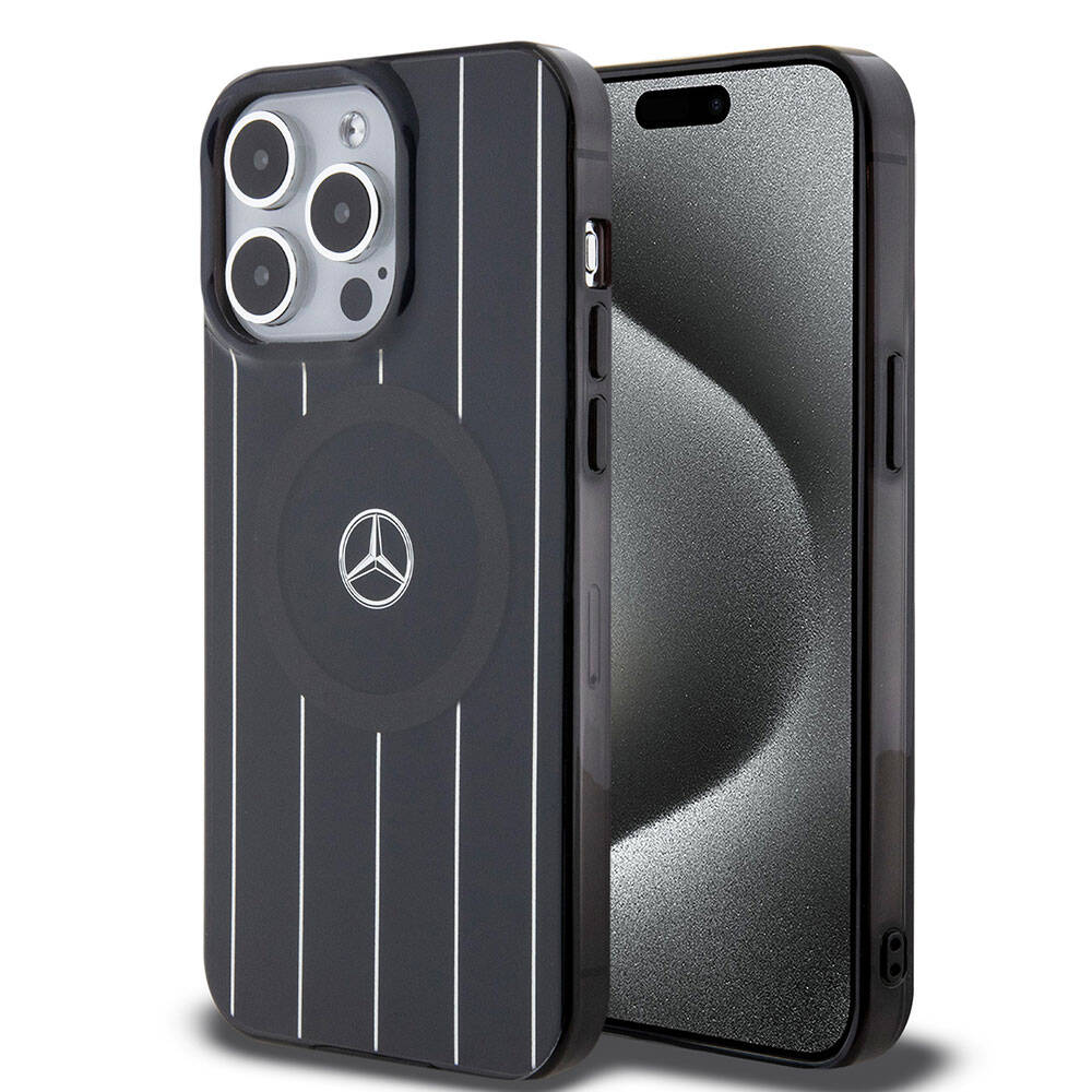 Apple iPhone 15 Pro Max Case Mercedes Benz Original Licensed M-Safe Charging Feature Double Layer Parallel Stripe Patterned Cover White