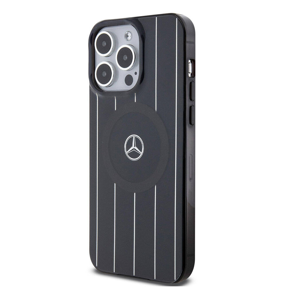 Apple iPhone 15 Pro Max Case Mercedes Benz Original Licensed M-Safe Charging Feature Dual Layer Parallel Stripe Patterned Cover Black