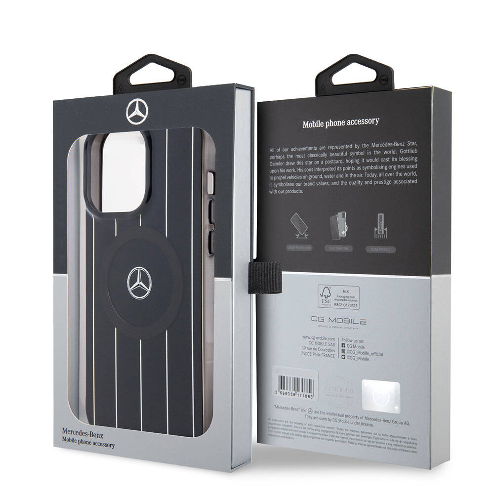 Apple iPhone 15 Pro Max Case Mercedes Benz Original Licensed M-Safe Charging Feature Dual Layer Parallel Stripe Patterned Cover Black