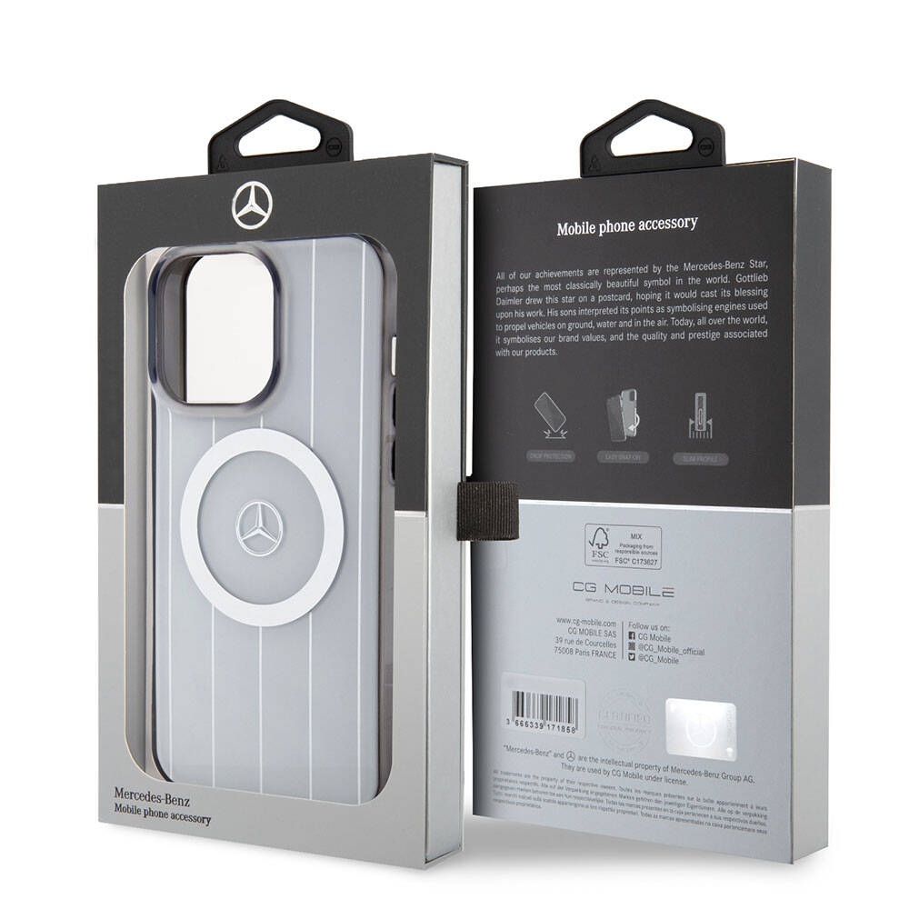 Apple iPhone 15 Pro Max Case Mercedes Benz Original Licensed M-Safe Charging Feature Double Layer Parallel Stripe Patterned Cover White