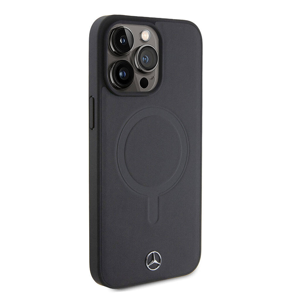 Apple iPhone 15 Pro Max Kılıf Mercedes Benz Orjinal Lisanslı M-safe Şarj Özellikli Metal Yıldız Logolu Pürüzsüz Deri Kapak Siyah