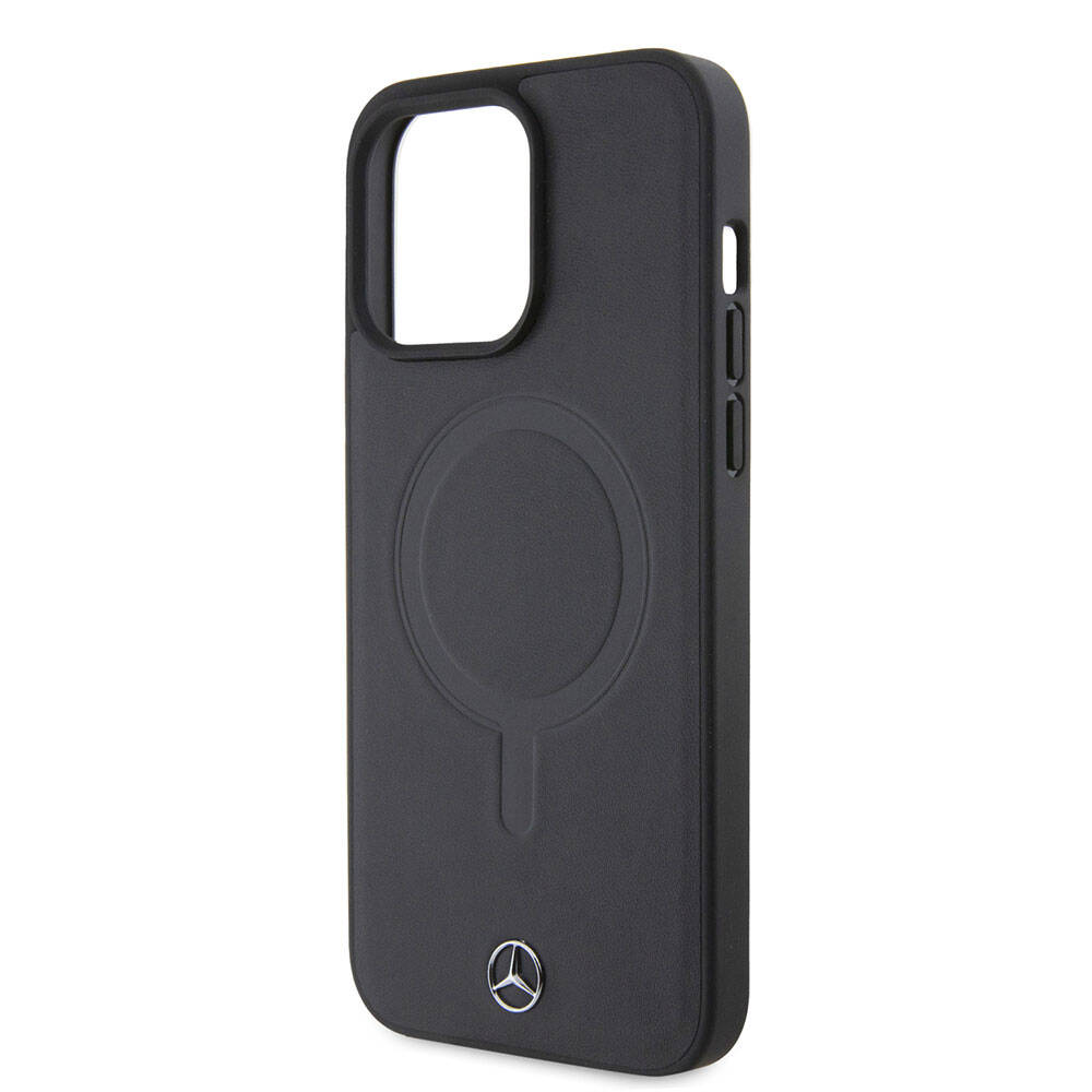 Apple iPhone 15 Pro Max Kılıf Mercedes Benz Orjinal Lisanslı M-safe Şarj Özellikli Metal Yıldız Logolu Pürüzsüz Deri Kapak Siyah