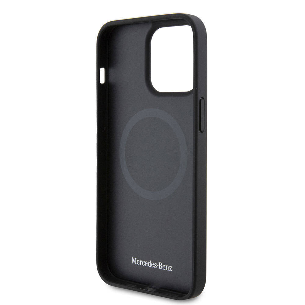 Apple iPhone 15 Pro Max Kılıf Mercedes Benz Orjinal Lisanslı M-safe Şarj Özellikli Metal Yıldız Logolu Pürüzsüz Deri Kapak Siyah