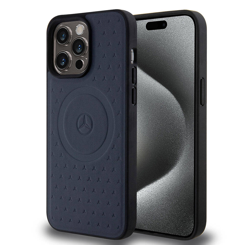 Apple iPhone 15 Pro Max Case Mercedes Benz Original Licensed M-Safe Charging Feature Sealed Star Patterned and Logo Leather Cover Black