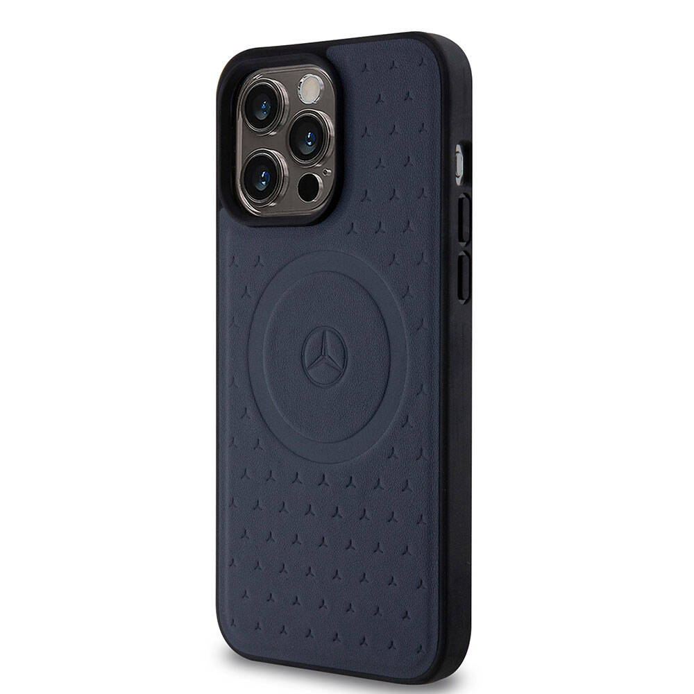Apple iPhone 15 Pro Max Case Mercedes Benz Original Licensed M-Safe Charging Feature Sealed Star Patterned and Logo Leather Cover Black