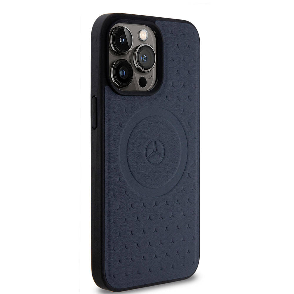 Apple iPhone 15 Pro Max Case Mercedes Benz Original Licensed M-Safe Charging Feature Sealed Star Patterned and Logo Leather Cover Black