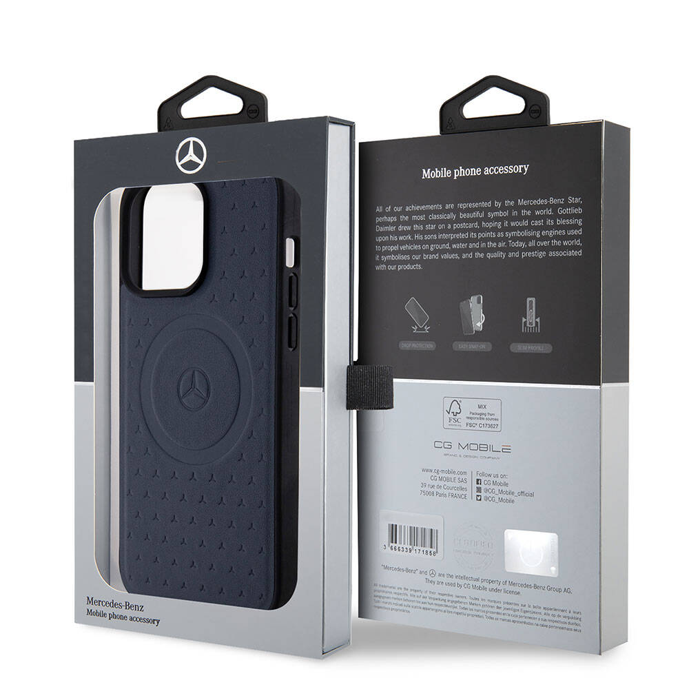 Apple iPhone 15 Pro Max Case Mercedes Benz Original Licensed M-Safe Charging Feature Sealed Star Patterned and Logo Leather Cover Black