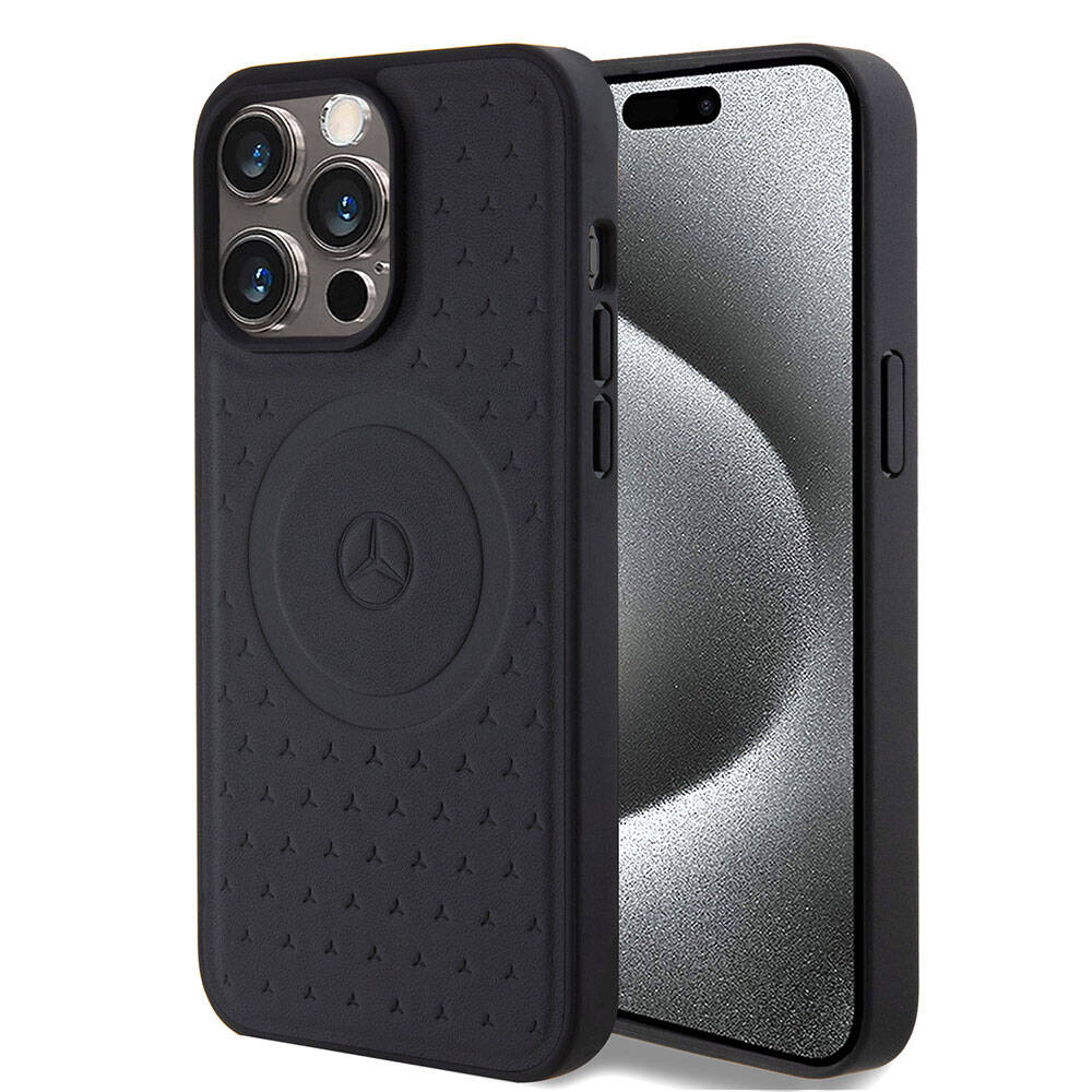 Apple iPhone 15 Pro Max Case Mercedes Benz Original Licensed M-Safe Charging Feature Sealed Star Patterned and Logo Leather Cover Black