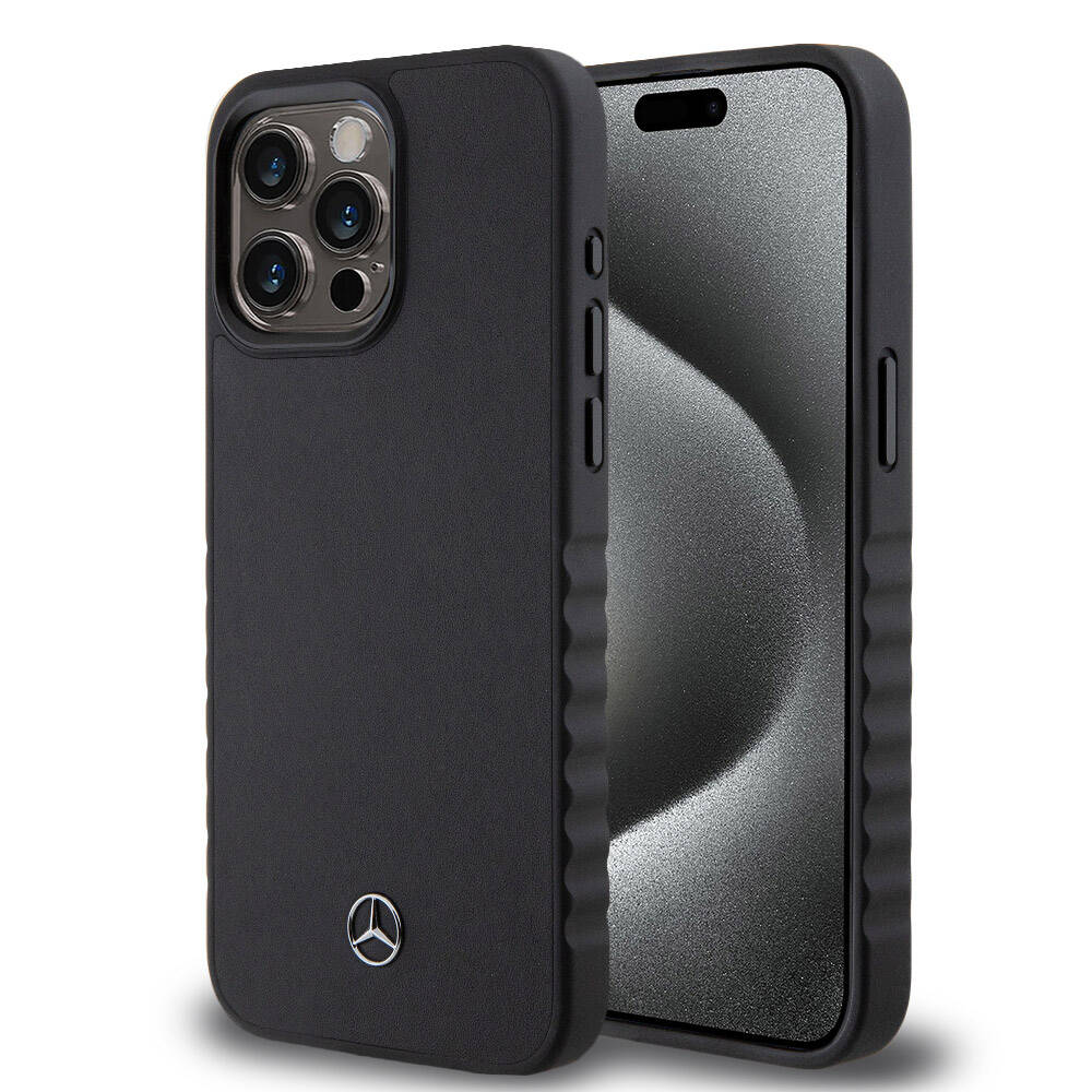 Apple iPhone 15 Pro Max Case Mercedes Benz Original Licensed Serrated Edge Design Metal Star Logo Smooth Genuine Leather Cover Black