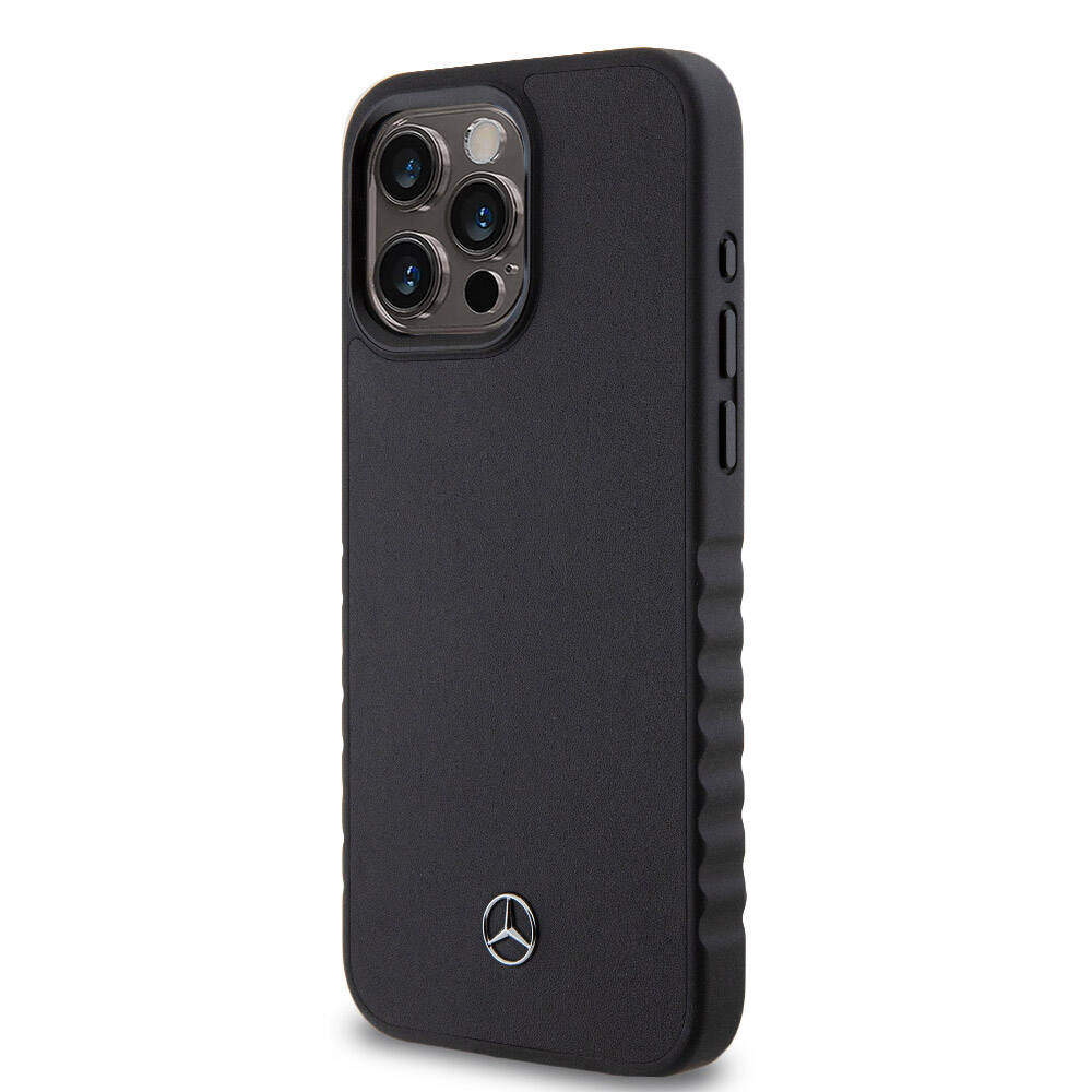 Apple iPhone 15 Pro Max Case Mercedes Benz Original Licensed Serrated Edge Design Metal Star Logo Smooth Genuine Leather Cover Black