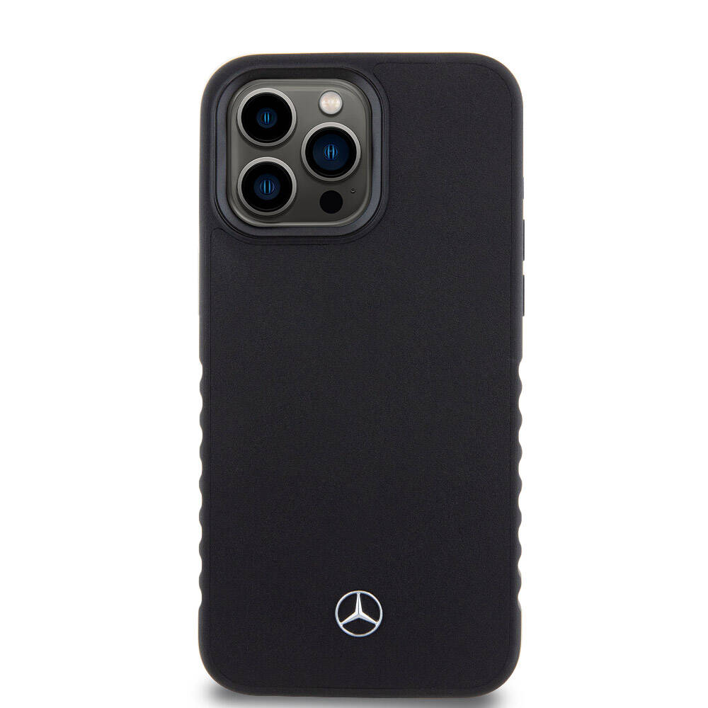 Apple iPhone 15 Pro Max Case Mercedes Benz Original Licensed Serrated Edge Design Metal Star Logo Smooth Genuine Leather Cover Black