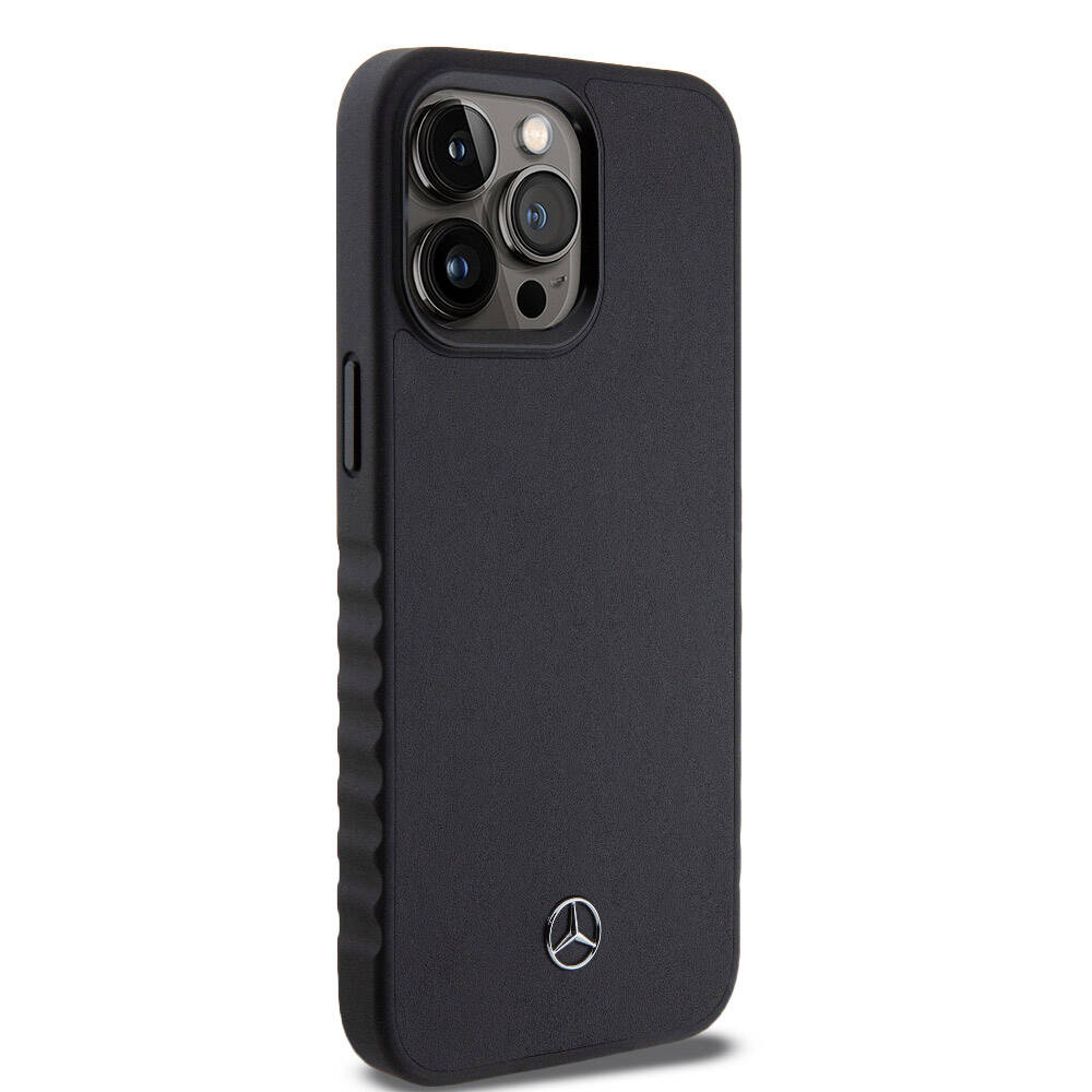 Apple iPhone 15 Pro Max Case Mercedes Benz Original Licensed Serrated Edge Design Metal Star Logo Smooth Genuine Leather Cover Black