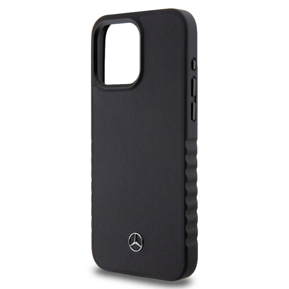 Apple iPhone 15 Pro Max Case Mercedes Benz Original Licensed Serrated Edge Design Metal Star Logo Smooth Genuine Leather Cover Black