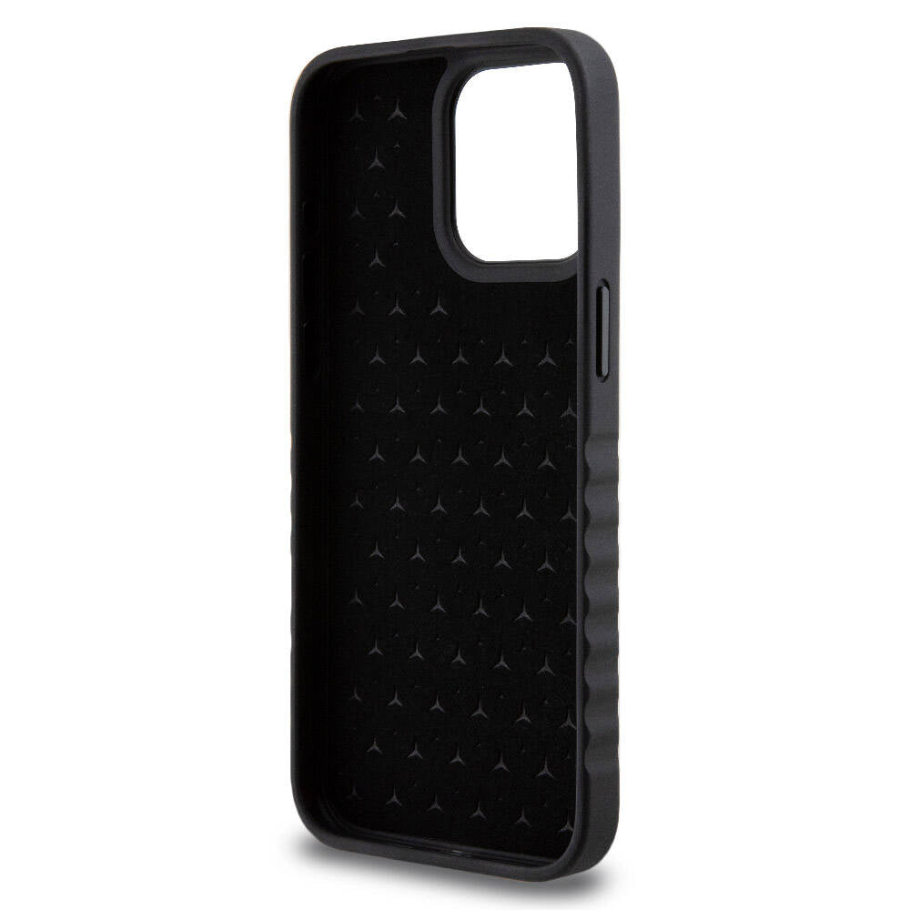 Apple iPhone 15 Pro Max Case Mercedes Benz Original Licensed Serrated Edge Design Metal Star Logo Smooth Genuine Leather Cover Black