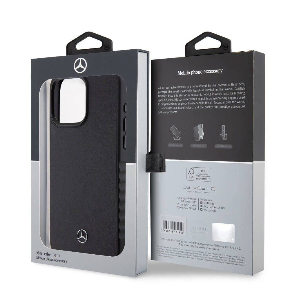 Apple iPhone 15 Pro Max Case Mercedes Benz Original Licensed Serrated Edge Design Metal Star Logo Smooth Genuine Leather Cover Black