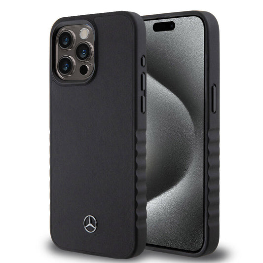 Apple iPhone 15 Pro Max Kılıf Mercedes Benz Orjinal Lisanslı Tırtıklı Kenar Tasarımlı Metal Yıldız Logolu Pürüzsüz Hakiki Deri Kapak Siyah
