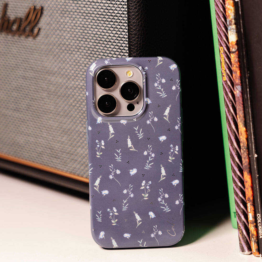 Apple iPhone 15 Pro Max Case Mini Meadow Flowers Patterned Coehl Prairie Cover Navy Blue